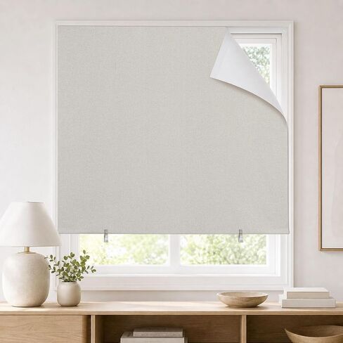 JILRON 100% Blackout Roller Shades,No-Drill Adhesive Blackout Curtains,Blinds for Indoor Windows(35" W x 48" H, Light Beige) in Saudi Arabia