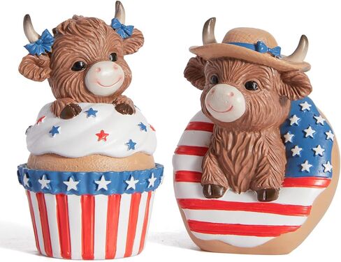WDS WONDROUS Patriotoc Decor Highland Cow Figurines, 4th of July & Memorial Day Decorations Independence Day Red White Blue Resin Statues in Dessert for Home Garden Office Tiered Tray Table Decor in Saudi Arabia