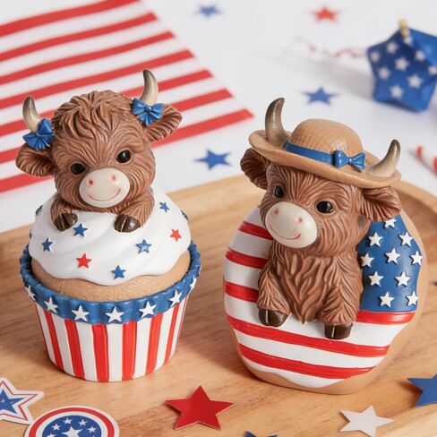 WDS WONDROUS Patriotoc Decor Highland Cow Figurines, 4th of July & Memorial Day Decorations Independence Day Red White Blue Resin Statues in Dessert for Home Garden Office Tiered Tray Table Decor in Saudi Arabia