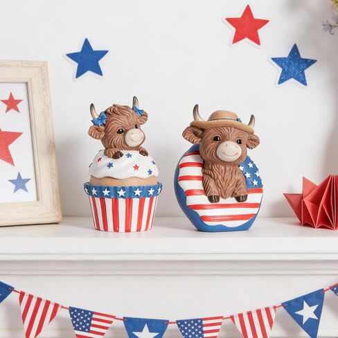 WDS WONDROUS Patriotoc Decor Highland Cow Figurines, 4th of July & Memorial Day Decorations Independence Day Red White Blue Resin Statues in Dessert for Home Garden Office Tiered Tray Table Decor in Saudi Arabia