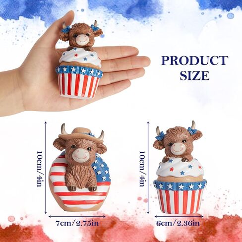 WDS WONDROUS Patriotoc Decor Highland Cow Figurines, 4th of July & Memorial Day Decorations Independence Day Red White Blue Resin Statues in Dessert for Home Garden Office Tiered Tray Table Decor in Saudi Arabia