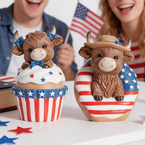 WDS WONDROUS Patriotoc Decor Highland Cow Figurines, 4th of July & Memorial Day Decorations Independence Day Red White Blue Resin Statues in Dessert for Home Garden Office Tiered Tray Table Decor in Saudi Arabia