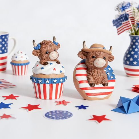 WDS WONDROUS Patriotoc Decor Highland Cow Figurines, 4th of July & Memorial Day Decorations Independence Day Red White Blue Resin Statues in Dessert for Home Garden Office Tiered Tray Table Decor in Saudi Arabia