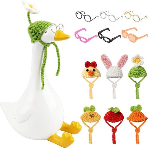 THAWAY Desk Goose with Outfits Set, 7 Inch Goose Decor with 6 Knitting Hats & 6 Sunglasses, Cute Desk Accessories for Women Gifts Office Decor in Saudi Arabia