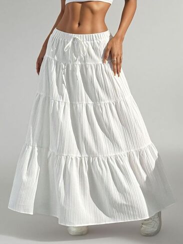 Women's High Waisted Drawstring Long Skirt Tiered Ruffle Hem Flowy A Line Silhouette Lightweight Woven Fabric Maxi Length in Kuwait