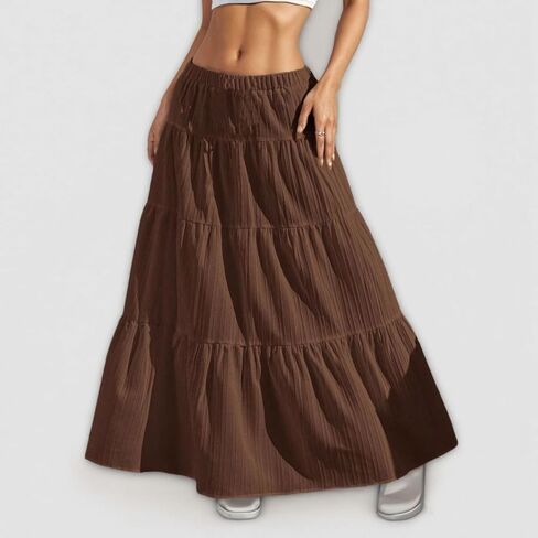 Women's High Waisted Drawstring Long Skirt Tiered Ruffle Hem Flowy A Line Silhouette Lightweight Woven Fabric Maxi Length in Kuwait
