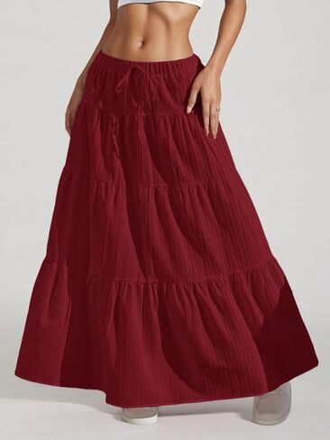 Women's High Waisted Drawstring Long Skirt Tiered Ruffle Hem Flowy A Line Silhouette Lightweight Woven Fabric Maxi Length in Kuwait