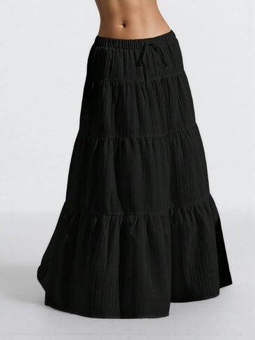 Women's High Waisted Drawstring Long Skirt Tiered Ruffle Hem Flowy A Line Silhouette Lightweight Woven Fabric Maxi Length in Kuwait