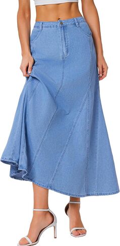 Ladyful Women's Long Denim Skirt Casual Flowy A Line Maxi Jean Skirt Elastic High Waist Vintage Fishtail Skirts with Pockets in Kuwait
