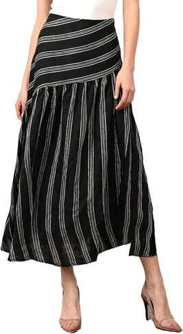 Amazhiyu Women's 100% Linen Stripe Summer A-Line Midi Skirt Elastic Waist in Kuwait