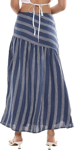 Amazhiyu Women's 100% Linen Stripe Summer A-Line Midi Skirt Elastic Waist in Kuwait