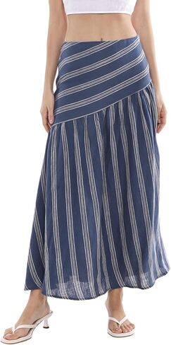 Amazhiyu Women's 100% Linen Stripe Summer A-Line Midi Skirt Elastic Waist in Kuwait