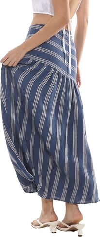 Amazhiyu Women's 100% Linen Stripe Summer A-Line Midi Skirt Elastic Waist in Kuwait