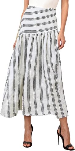 Amazhiyu Women's 100% Linen Stripe Summer A-Line Midi Skirt Elastic Waist in Kuwait