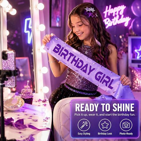 Birthday Girl Sash Purple Lightning Party Accessory for Women, Satin Birthday Decorations Inspired by Fantasy Hunter Concert Theme, Stylish Party Favor Outfit for Celebration Photos in Saudi Arabia