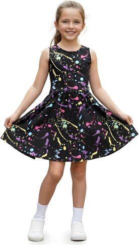 Kids Girls Skater Dress Pastel Splash Print Fashion Party Dance Dresses 5-13 Yrs in Saudi Arabia