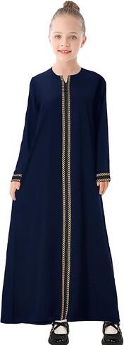 WSPLYSPJY Kids Girls Gold Embroidered Muslim Dress Abaya Long Sleeve Eid Robe Prayer Clothes in Saudi Arabia