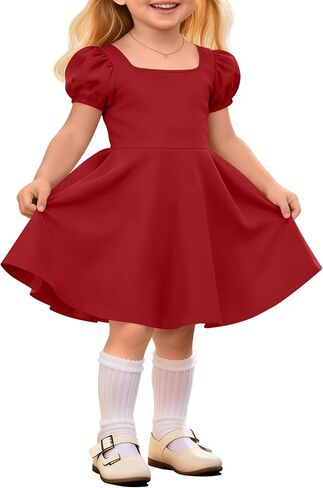 Toddler Girl's Summer Dress Baby Puff Sleeves Square Neck Knit Sundress A-Line Flowy Twirly Casual Midi Dress in Kuwait