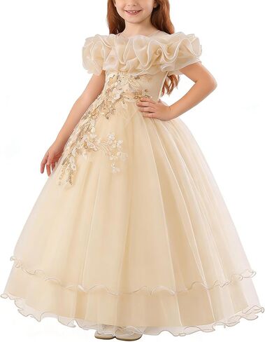 Flower Girl Dress Off-the-Shoulder Embroidered Tulle Pageant Formal Kids Girls Ball Gown Wedding Birthday Dresses in Saudi Arabia