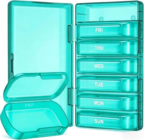 PULIV Weekly Pill Organizer with Large Capacity, Dual Protection Pill Box 7 Day, Arthritis Friendly Pill Case Easy to Open, Medicine Organizer for Vitamins, Medications, Fish Oils, Supplements (Cyan) in Saudi Arabia