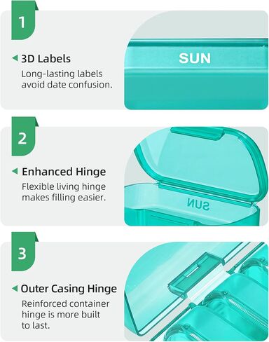 PULIV Weekly Pill Organizer with Large Capacity, Dual Protection Pill Box 7 Day, Arthritis Friendly Pill Case Easy to Open, Medicine Organizer for Vitamins, Medications, Fish Oils, Supplements (Cyan) in Saudi Arabia