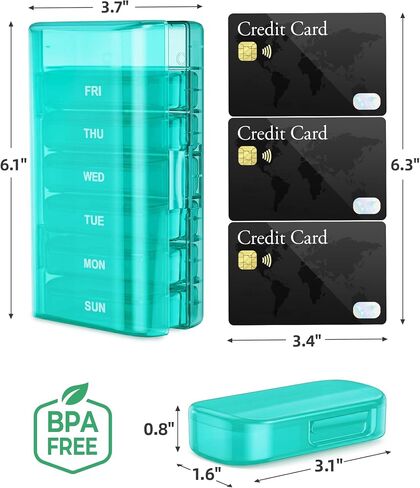 PULIV Weekly Pill Organizer with Large Capacity, Dual Protection Pill Box 7 Day, Arthritis Friendly Pill Case Easy to Open, Medicine Organizer for Vitamins, Medications, Fish Oils, Supplements (Cyan) in Saudi Arabia
