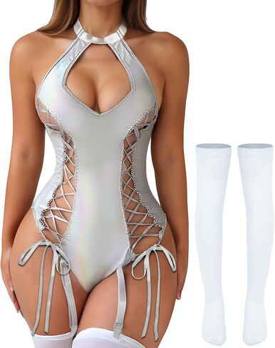 SEAUR Women's PU Leather Halter Bodysuit Side Lace Up Cut Out Hollow Metallic One Piece Lingerie Set with Stocking in Saudi Arabia