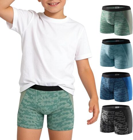 Carer Absorbent Boxer Briefs for Boys, Reusable Leak-Proof Pants with Front Absorbency, 4-Pack Washable Regular Underwear for Daytime Incontinence, Multi-Colored, Size 10 in Kuwait