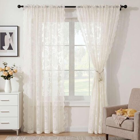 H.VERSAILTEX ستائر دانتيل لغرفة المعيشة بطول 84 بوصة جيب قضيب طويل، تصفية للضوء في مزرعة ريفية فرنسية عتيقة، ستائر شبه شفافة لغرفة النوم، 52 بوصة عرض × 84 بوصة طول، عاجي in Kuwait