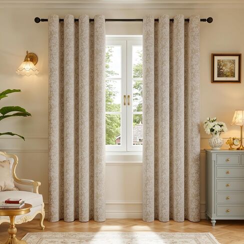 Floral Jacquard Blackout Curtains 84 Inches Long - Chenille Easy Install Grommet Drapes to Improve Sleep Quality, Bedroom Living Room Set of 2 Panels (52" W x 84" L), Beige in Saudi Arabia