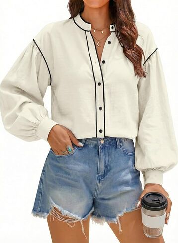 Dokotoo Button Down Shirts for Women Lantern Long Sleeve Blouses Contrast Trim Dressy Casual Tops Outfits in Kuwait