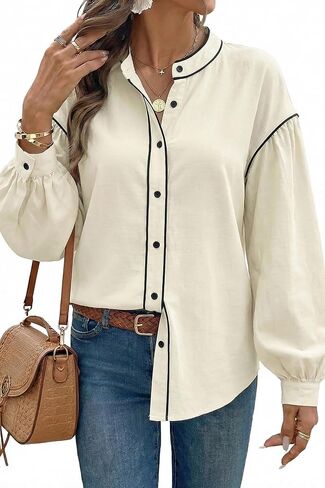 Dokotoo Button Down Shirts for Women Lantern Long Sleeve Blouses Contrast Trim Dressy Casual Tops Outfits in Kuwait