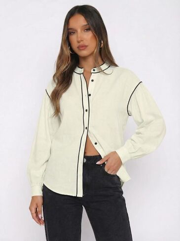 Dokotoo Button Down Shirts for Women Lantern Long Sleeve Blouses Contrast Trim Dressy Casual Tops Outfits in Kuwait