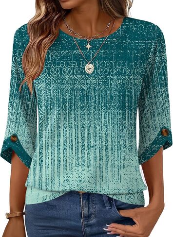 Blingfit Cute Summer Tops for Women 3/4 Sleeve Blouses Dressy Casual Shirts Loose Fit Basic Tee Green Gradient L in Saudi Arabia