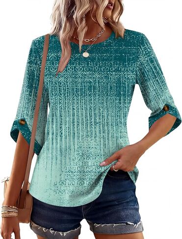 Blingfit Cute Summer Tops for Women 3/4 Sleeve Blouses Dressy Casual Shirts Loose Fit Basic Tee Green Gradient L in Saudi Arabia