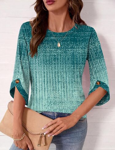 Blingfit Cute Summer Tops for Women 3/4 Sleeve Blouses Dressy Casual Shirts Loose Fit Basic Tee Green Gradient L in Saudi Arabia