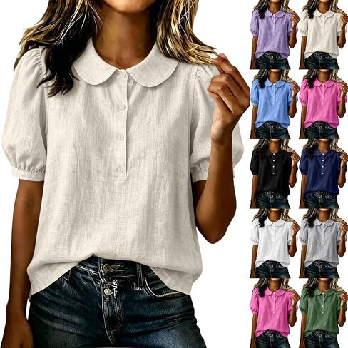 Womens Cotton Linen Button Up Shirts Puff Sleeve Summer Gauzy Tops Cute Doll Collar Plain Tunic Casual Dressy Blouses in Kuwait