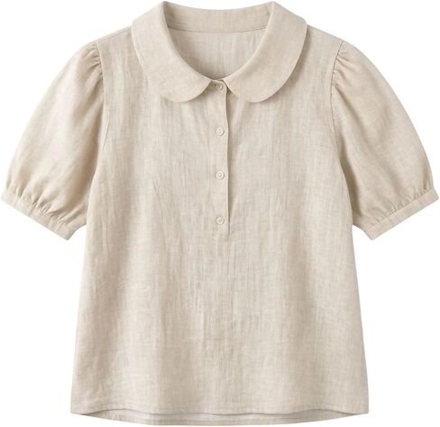 Womens Cotton Linen Button Up Shirts Puff Sleeve Summer Gauzy Tops Cute Doll Collar Plain Tunic Casual Dressy Blouses in Kuwait