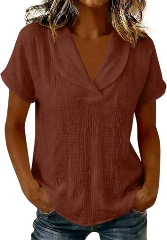 Women's Cotton Linen Shirt Summer Short Sleeve V Neck Tops Solid Color Comfy Blouses Casual Dressy Tunic Top in Kuwait
