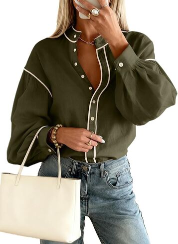 Dokotoo Button Down Shirts for Women Lantern Long Sleeve Blouses Contrast Trim Dressy Casual Tops Outfits in Kuwait