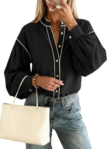 Dokotoo Button Down Shirts for Women Lantern Long Sleeve Blouses Contrast Trim Dressy Casual Tops Outfits in Kuwait