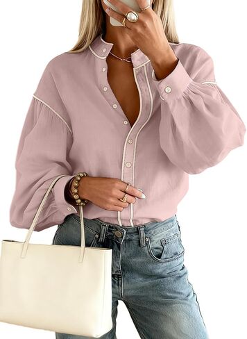 Dokotoo Button Down Shirts for Women Lantern Long Sleeve Blouses Contrast Trim Dressy Casual Tops Outfits in Kuwait