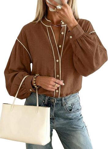 Dokotoo Button Down Shirts for Women Lantern Long Sleeve Blouses Contrast Trim Dressy Casual Tops Outfits in Kuwait