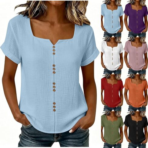 Linen Tops for Women Short Sleeve Square Neck Dressy Causal Spring Summer Gauze Shirts Work Blouse Tunic Outfits in Saudi Arabia