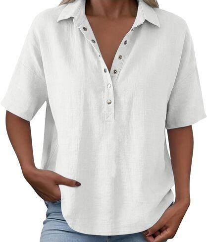 Womens Short Sleeve Henley Shirts Summer Collared Half Snaps V Neck Tops Dressy Casual Button Up Work Tunic Blouses in Kuwait