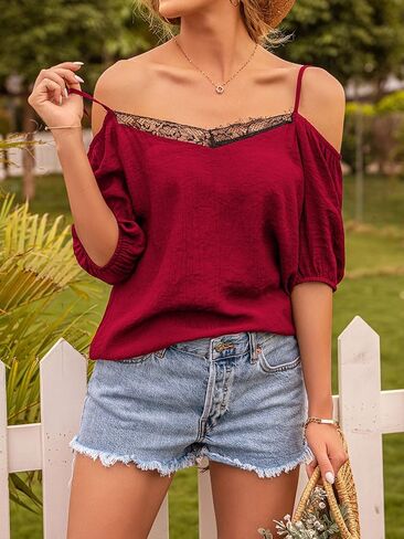 Women's Off The Shoulder Blouse Cold Shoulder Short Sleeve Trendy Casual and Loose Going Out Tops in Kuwait