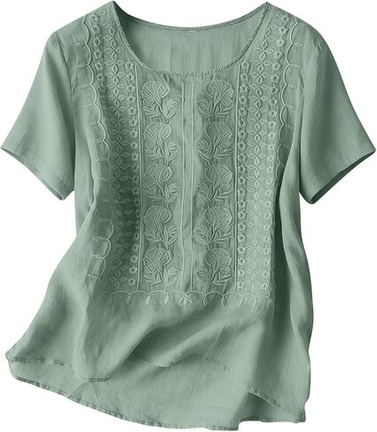 Embroidered Cotton Linen Tops for Women Short Sleeve Summer Boho Blouse 2026 Gauze Shirts Dressy Casual Work Tunics in Kuwait