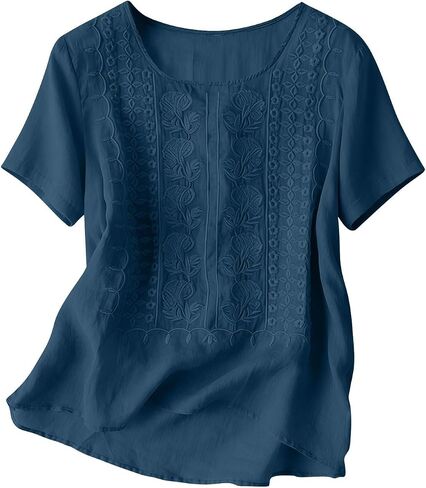 Embroidered Cotton Linen Tops for Women Short Sleeve Summer Boho Blouse 2026 Gauze Shirts Dressy Casual Work Tunics in Kuwait
