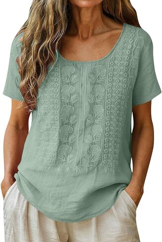 Embroidered Cotton Linen Tops for Women Short Sleeve Summer Boho Blouse 2026 Gauze Shirts Dressy Casual Work Tunics in Kuwait