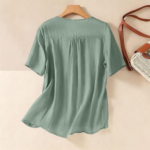 Embroidered Cotton Linen Tops for Women Short Sleeve Summer Boho Blouse 2026 Gauze Shirts Dressy Casual Work Tunics in Kuwait